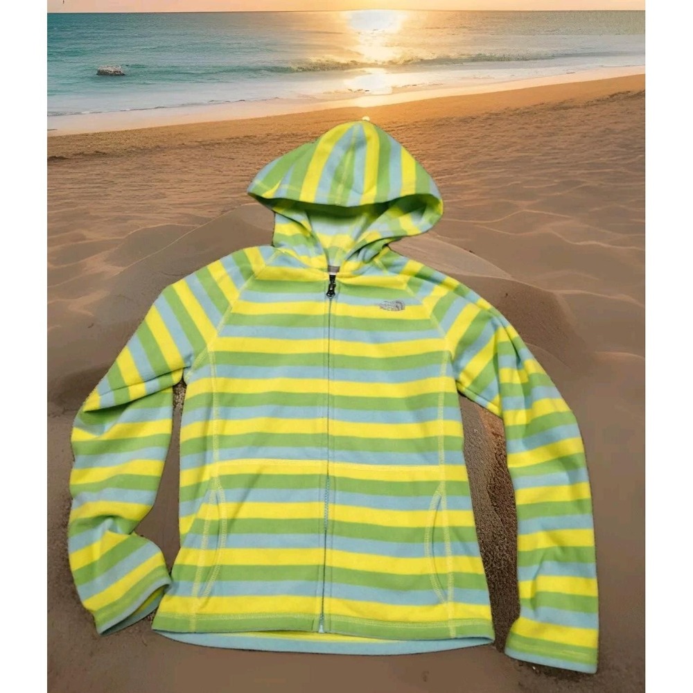 The North Face Fleece Hoodie Girls Medium 10/12 Green Yellow Striped Excellent